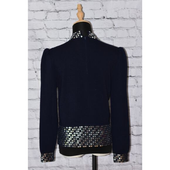 ST. JOHN Evening Embellished Paillette Long Sleeve Knit Stretch Sweater - Picture 6 of 7